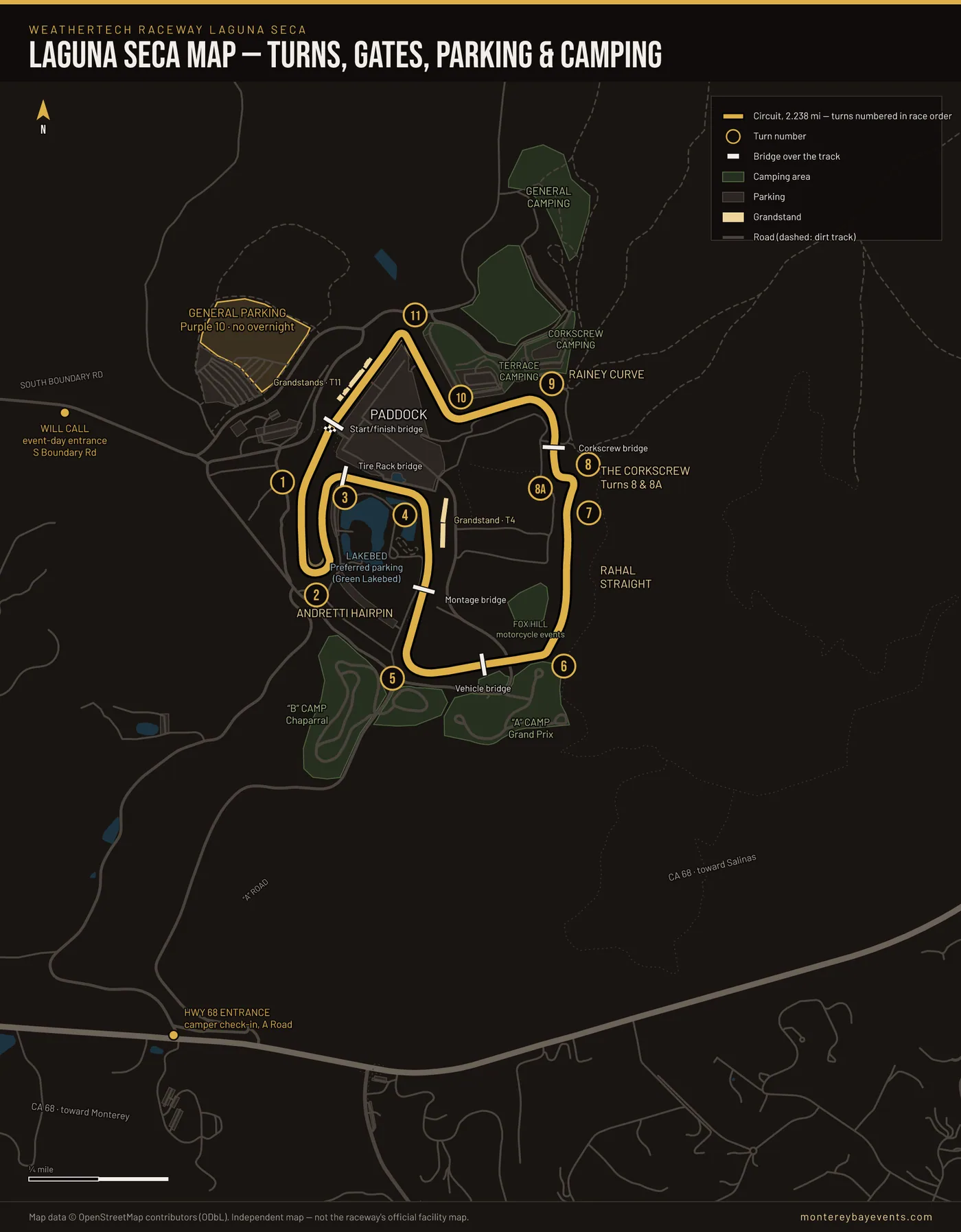 Map of WeatherTech Raceway Laguna Seca with north at the top: the circuit with Turns 1 to 11 numbered, the Andretti Hairpin, the Corkscrew and Rainey Curve, five bridges over the track, the paddock and lakebed, General Parking (Purple 10) to the west, campgrounds around the circuit, Will Call on South Boundary Road and the Highway 68 entrance to the south.