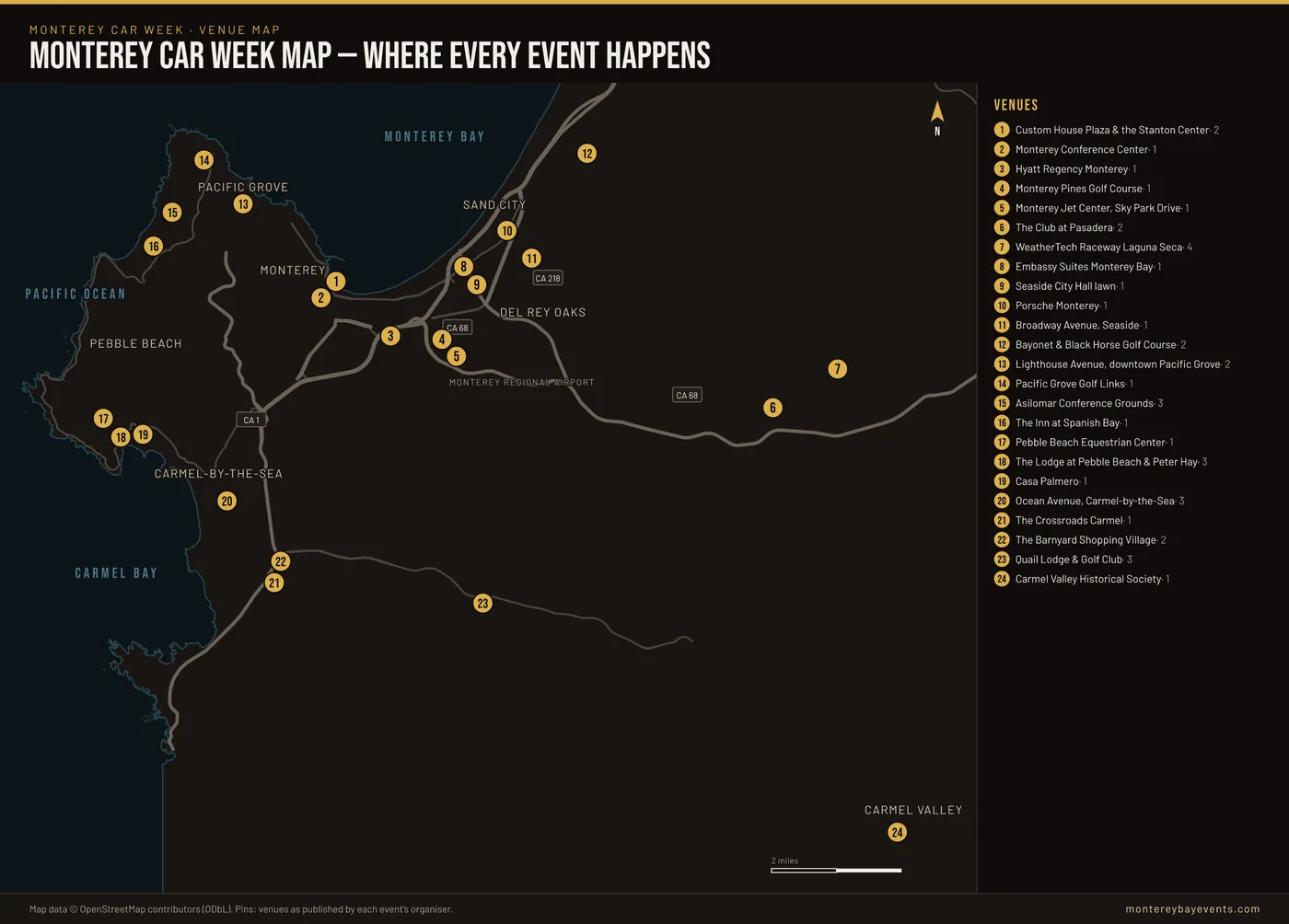 Map of the Monterey Peninsula and Carmel Valley with 24 numbered pins for Monterey Car Week venues — from Pacific Grove and Pebble Beach in the west, through downtown Monterey and Seaside, to WeatherTech Raceway Laguna Seca on Highway 68 and Quail Lodge in Carmel Valley — with a numbered venue key.